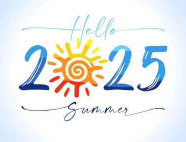 Merhaba Yaz 2025 yaratıcı selamlar. Sosyal medya afişi. Web ağı zaman çizelgesi hikayesi. Özel bir reklam pankartı. 20 numara sevimli, 25 numara, el sallayan desenli ve sarı güneşli. Konsepti tebrik ederim.