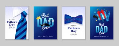 En iyi baba, Babalar Günü yaratıcı tebrik kartları seti. Çizgili kravat, papyon, hediye kutusu, bıyık ve mesajla dolu Babalar Günü posterleriniz kutlu olsun. Vektör illüstrasyonu