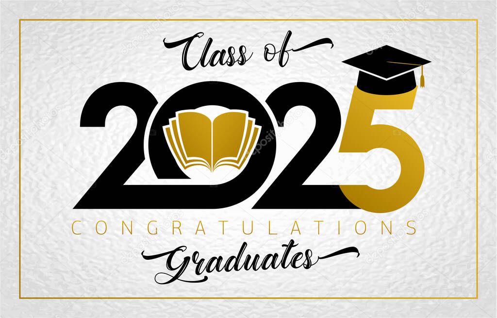Class of 2025 congratulations graduates greeting catd design. Creative grey backdrop, black and gold elements. Open book or notebook and mortarboard flat icons. School event invitation template.