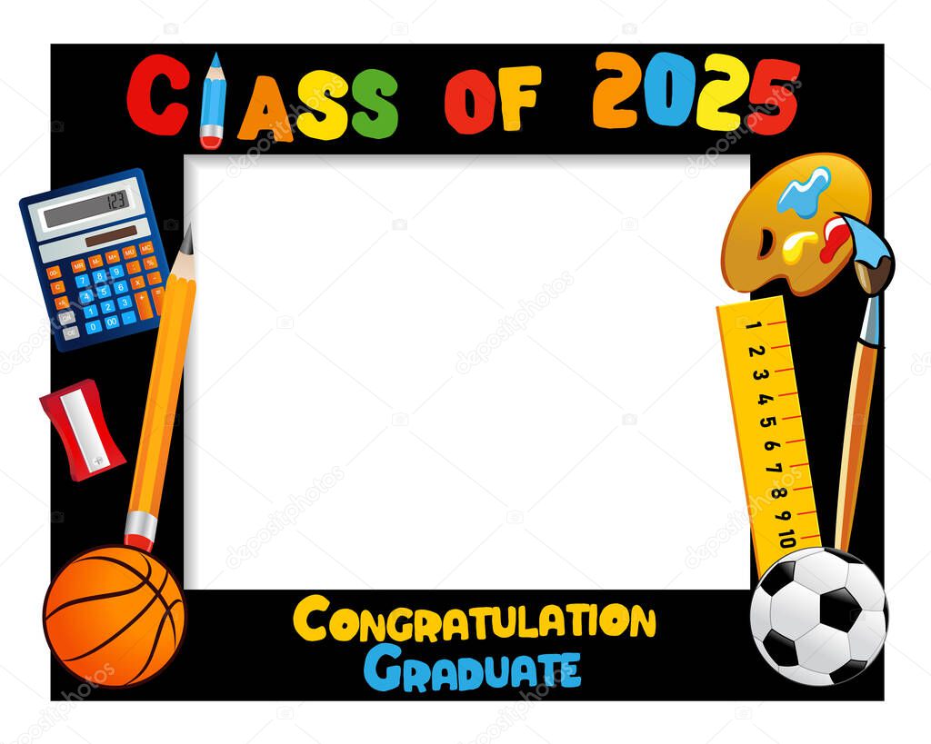 Class of 2025, creative photo frame design for booth. Congratulation graduation concept for High School or University album with school supplies. Vector illustration