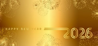 Mutlu yıllar 2026 altın renkli tebrik kartı gerçekçi, parlak havai fişekler ve münferit kupür maskeli. Metalik renk arkaplanı, altın gradyan, yaratıcı sayı tasarımı. Modern konsept.