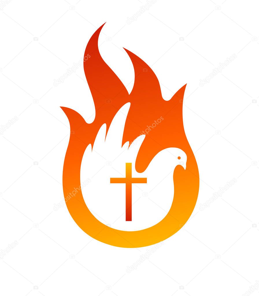 Dove of the Holy Spirit, logo of the Christian Pentecost. Holy Spirit, come - creative church banner design. Vector illustration