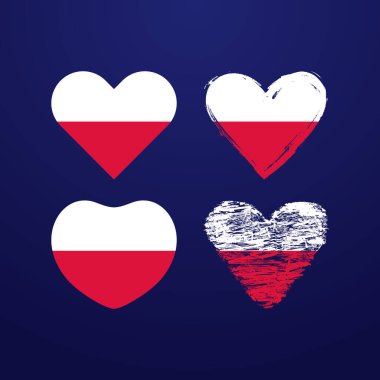 Polonya bayrağının renklerinde sevimli yaratıcı kalpler seti. Klasik ve sanatsal stil, kırmızı ve beyaz renkler. Web simgeleri. Hediye şablonu. Fotokopi alanı ile rozet konsepti. İzole tasarım