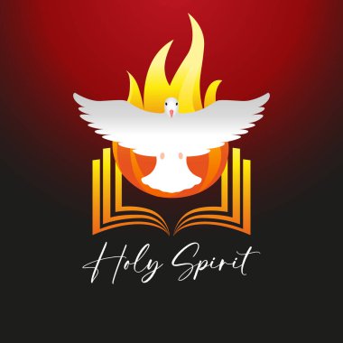 Kutsal Ruh alevler içinde, Hıristiyan logosu. Pentecost Pazar ayini web pankartı. Yaratıcı dini poster tasarımı. Vektör illüstrasyonu