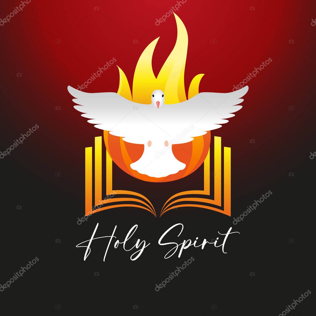 Holy Spirit dove in flame, christian logo. Pentecost Sunday church service web banner. Creative religious poster design. Vector illustration