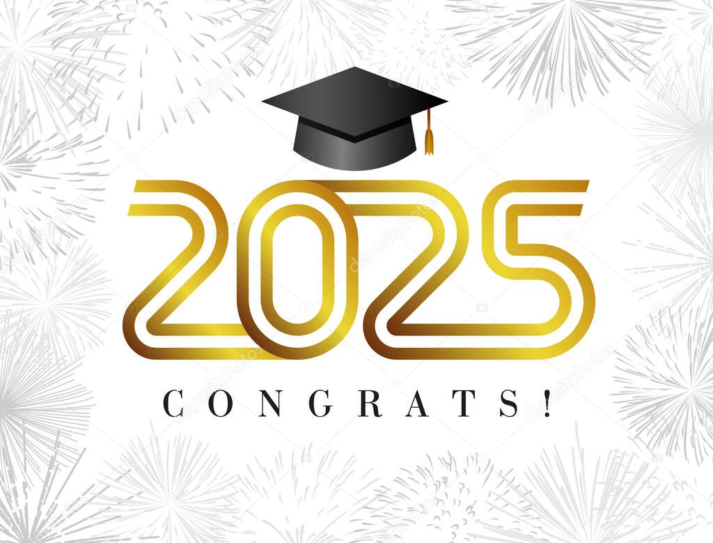 School banner for graduating event 2025. Prom poster. Invitation design. Class of 2025 congratulations template with golden, black and white colors. Greeting card concept. Creative typography