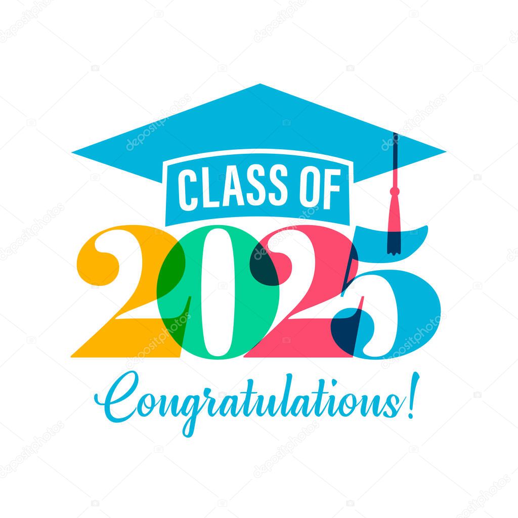 Class of 2025 colored graduation logo. Congrats, Class of 2025 creative design for school photo album. Congratulation graduation, typography vector illustration
