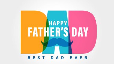 Baba, renkli harflerle dolu Babalar Günün kutlu olsun. Renkli yazı ve bıyık. Vektör illüstrasyonu