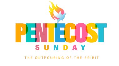 Renkli harflerle Pentecost Sunday yaratıcı tebrik kartı. The Outpour of the Spirit, kilise hizmeti web pankartı veya poster tasarımı. Vektör illüstrasyonu