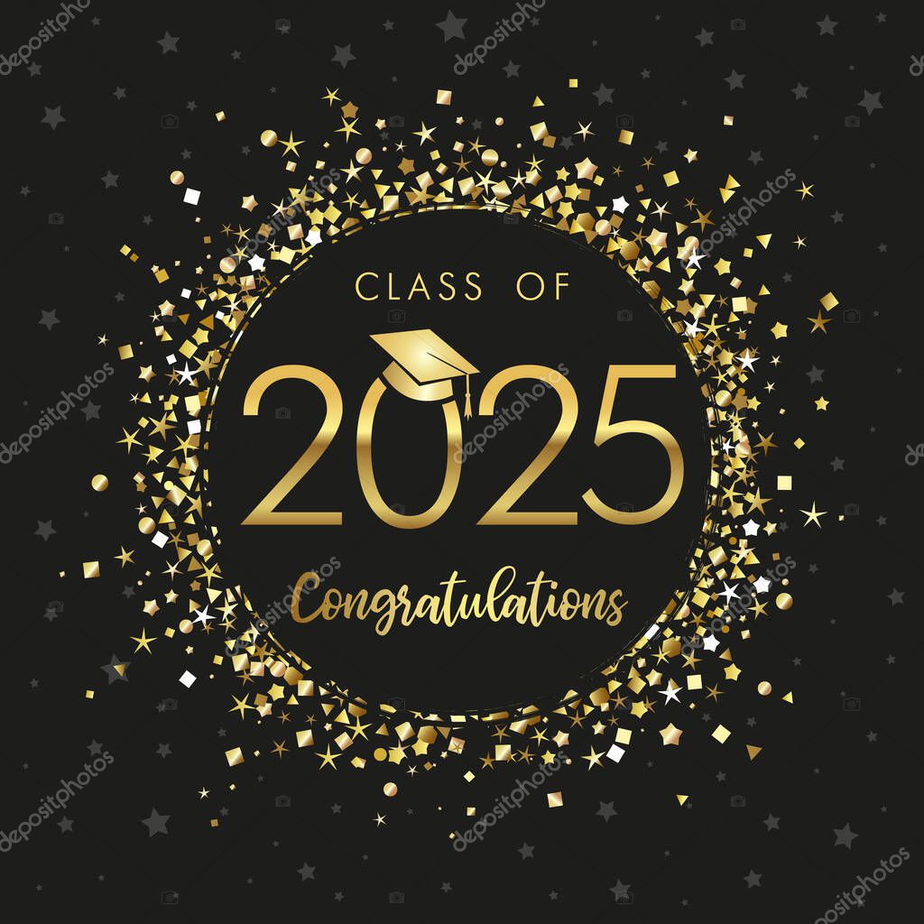 Class of 2025 - beautiful graduating banner. Congratulation graduation concept with golden shine frame for High School or University booth design. Vector illustration