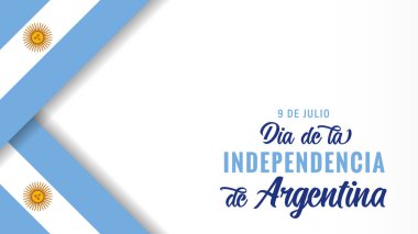 Dia de la Independencia de Arjantin bayrak posteri. İspanyolca çevirisi: 9 Temmuz, Arjantin 'in Bağımsızlık Günü. 9 Temmuz 1816 'da Arjantin Bağımsızlık Günü ilan edildi.