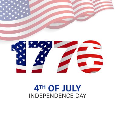 1776, 4 Temmuz ABD dalgalı bayrağıyla Bağımsızlık Günü. 4 Temmuz tipografi afişi şablonu. Vektör illüstrasyonu