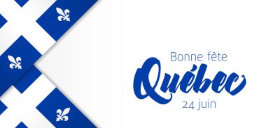 Quebec Günün kutlu olsun, 24 Haziran, Fransızca kartpostal tasarımı. Quebec elementlerinin bayrağı olan yaratıcı 3D grafik çerçeve, uzay konseptini kopyala. Davet şablonu. Tebrik kartı ya da zarflı hediye kartı.