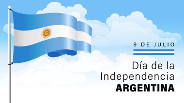 9 de Julio, Dia de la de Independencia Arjantin bayrak resmi ulusal bayrak. Çeviri - 9 Temmuz, Arjantin Bağımsızlık Günü. Gökyüzü arka planında tipografi ve 3d bayrağı olan vektör illüstrasyonu