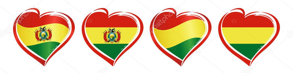 Flag of Bolivia creative design inside heart shape and isolated clipping mask. Travel business collection, holiday symbols. 3D and flat concept. Souvenir or clothing logo design. Branding graphic idea