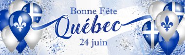 Mutlu bayramlar Quebec 24 Haziran Fransız bayrağı. Quebec Günü 'nüz kutlu olsun. İzole edilmiş 3 boyutlu grafik elementli reklam panosu şablonu. Web özel teklif düğmesi. Mavi ve beyaz renkler. Bayrak arkaplanı.