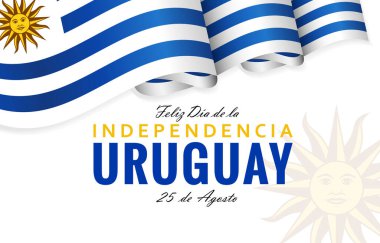 Uruguay Bağımsızlık Günü 3 boyutlu dalgalı bayrak ve izole kırpma maskesiyle yaratıcı afişi kutluyor. Bağımsızlık Günü 'nüz kutlu olsun Uruguay 25 Ağustos İspanyol tebrik kartı. Reklam panosu şablonu.