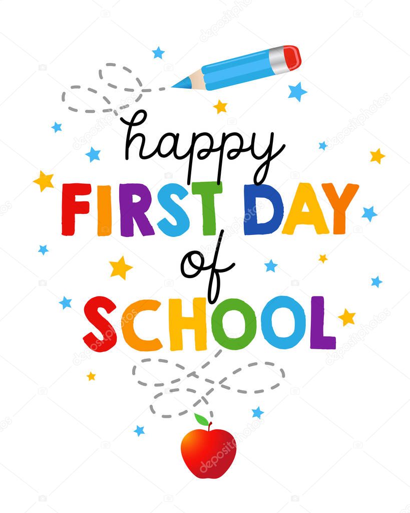 Happy First day of school, Back to school badge design. First day of school lettering concept for photo booth. Vector illustration