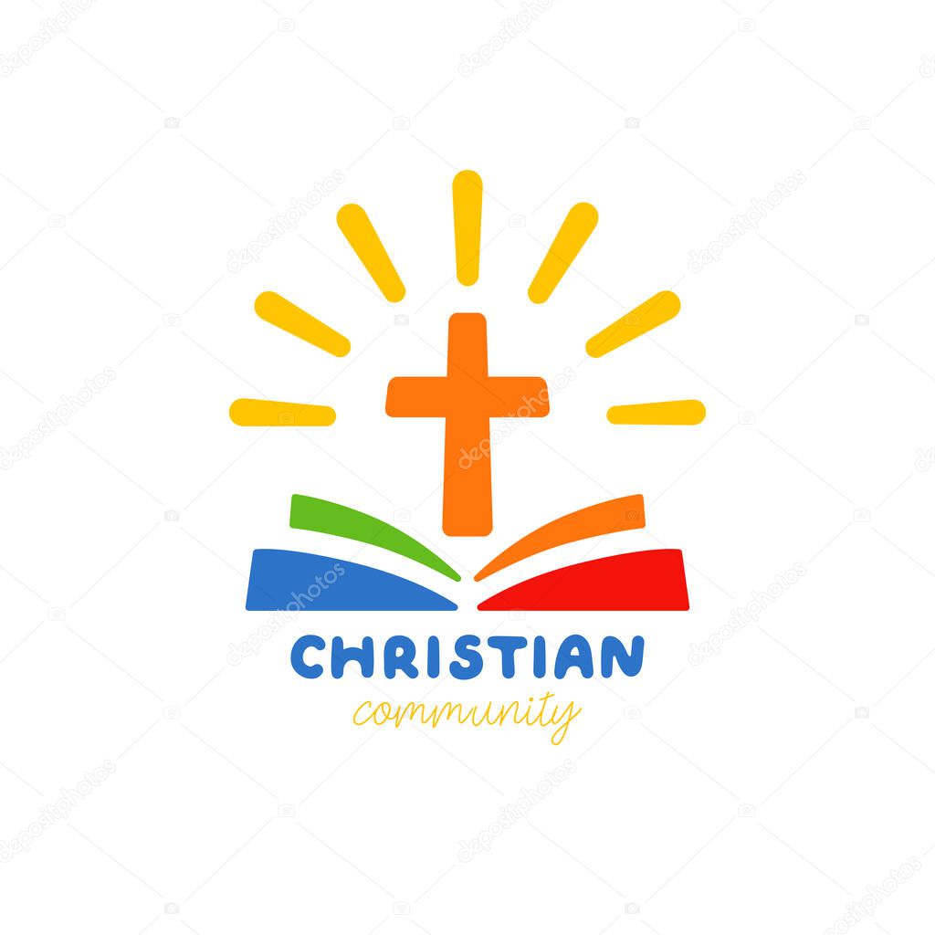 Creative logo for Christian community. Set of elements with rounded corners. Shiny cross, open book with colorful pages. Flat design. Religious and educational symbol