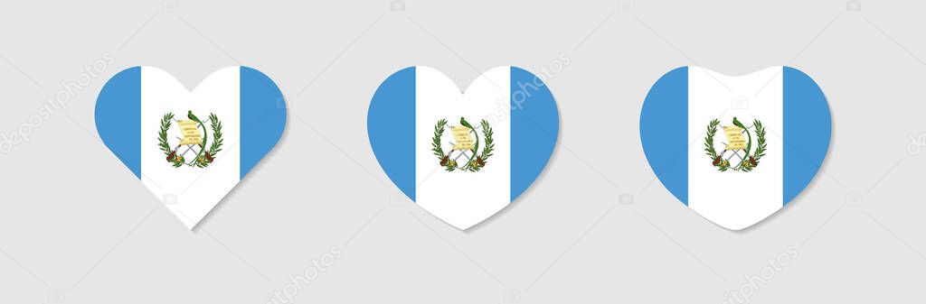 Set of heart shapes with flag of Guatemala inside and isolated clipping mask. Sticker template. Holiday symbols. Travel business merch concept. Internet icons. Social media emoticons