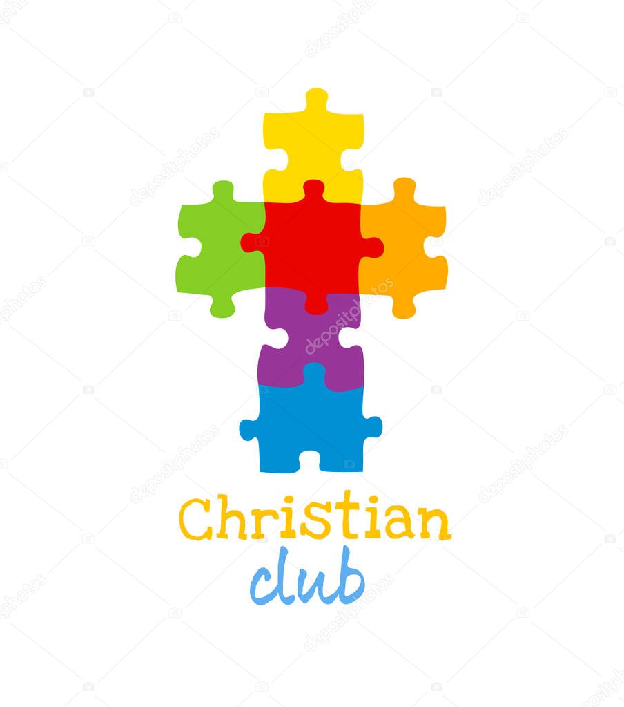 Christian cross as a puzzle set. Creative symbol. The concept of educational or special ministry. Sunday school logo design. T shirt graphic. Merch idea. Positive icon.