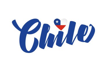 Şili sözcüğünün bayrak kalpli yaratıcı tipografisi. Ayrı bir sanat tasarımı. Tatil posteri. Ticari konsept. Kıyafet logosu