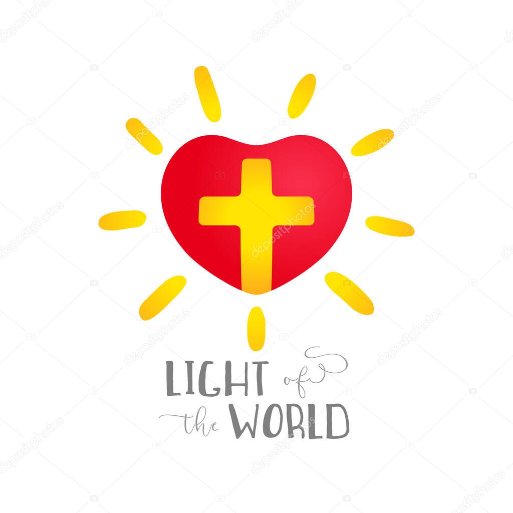 Red heart and yellow cross inside it, creative sun. Religious emblem. Shiny heart. Light of the World - Christian symbol. T shirt graphic