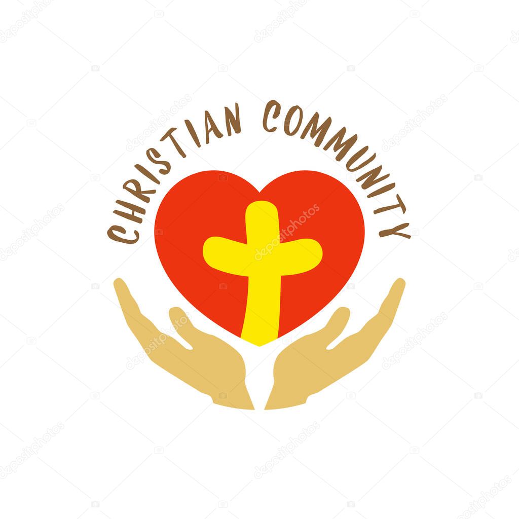 Red heart, creative yellow cross inside with isolated clipping mask, open hands. Concept for Christian community, church ministry logotype template.