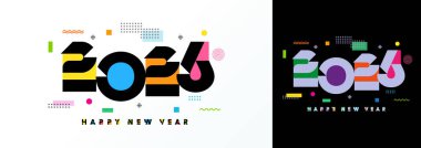 2026 Yeni Yıl logosu, spor numaraları ve Memphis tarzı elementlerle dizayn edildi. Mutlu Yıllar tebrik kartı ya da takvim kapağı için yaratıcı tasarım. Vektör illüstrasyonu