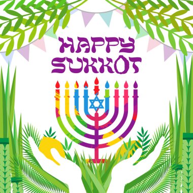 Menorah ve şenlikli dekorasyonla mutlu Sukkot grafik tasarımı. Tatil posteri