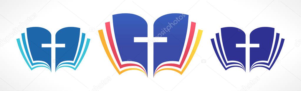 Symbol of Holy Bible, open book with colorful pages and cross of Jesus. Creative concept. Set of icons.