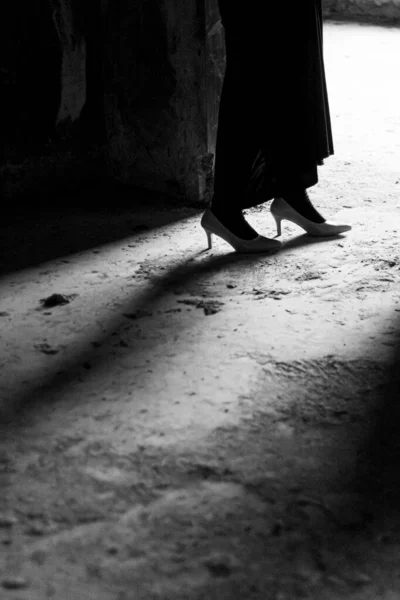 Black White Silhouette Shadow Woman Wearing Dress Loneliness Concept Dramatic Stockfoto