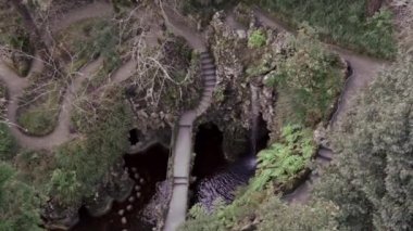 Portekiz 'in Quinta da Regaleira bahçesindeki bitkilerle çevrili küçük bir köprü manzarası. Turizm kavramı