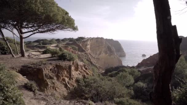 Человек Летит Своем Беспилотнике Скалы Пляже Жоао Аренс Портимао Португалия — стоковое видео
