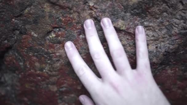 Uma Mão Jovem Está Tocando Uma Rocha Costeira Com Manchas — Vídeo de Stock