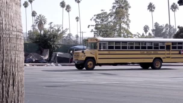 加州洛杉矶的一辆校车正经过一些无家可归的帐篷 洛杉矶城市生活的概念 — 图库视频影像