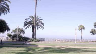 A homeless is sleeping on the grass in a park in Santa Monica in Los Angeles. Concept of poverty in a big city