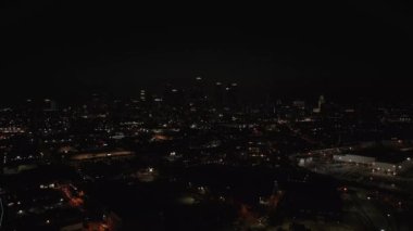 Aerial drone view of the the downtown district in Los Angeles during the night. Concept of Los Angeles popular spots