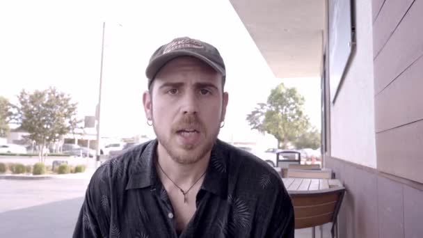 Pov Young Adult Filming Himself Talking Camera Restaurant Terrace Wearing — Vídeo de stock