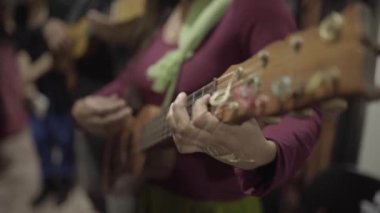 A mexican woman musician playing jarana guitar in a traditional music jam session. Concept of traditional folk music in Mexico