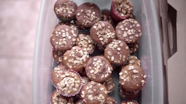 Stack Handmade Oat Muffins Box Recently Delivered Concept Sweet Food — Vídeos de Stock