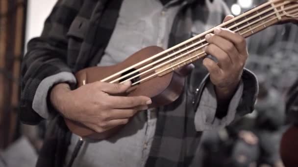 Mexican Male Musician Playing Bass Jarana Guitar Traditional Music Jam — Vídeo de Stock