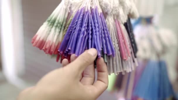 Young Hand Checking Stack Colorful Traditional Candles Hanging Mexican Street — Wideo stockowe