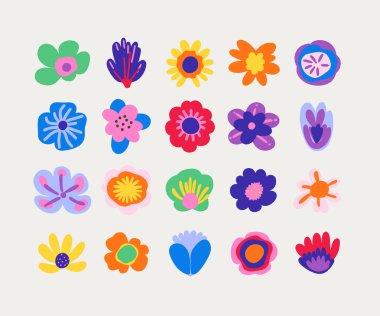 Renkli çiçek desenli vektörlerden oluşan canlı bir koleksiyon, çeşitli çiçek tasarımları sergiliyor. Her çiçek, basit, eğlenceli şekiller ve desenlerle kalın ve parlak renklerle tasvir edilir. Tasarım, yaratıcı projeleri geliştirmek için idealdir.