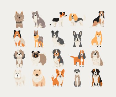 Clipart vektör olarak gösterilen çeşitli köpek türlerinin bir koleksiyonu. Her köpek, farklı renkleri, şekilleri ve özellikleri olan, farklı cinsleri doğru bir şekilde temsil eden eşsiz bir şekilde tasarlanmıştır. Koleksiyonda 20 farklı köpek çizimi var.