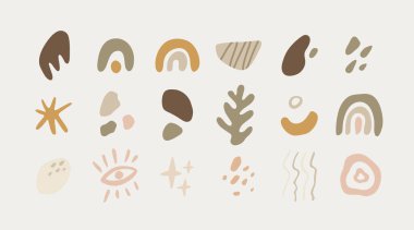 Çeşitli soyut biçimlerde elle çizilmiş karalama şekilleri koleksiyonu. Şekiller, dünyevi tonları ve organik, serbest hatlarıyla karakterize edilir. İlave elementler arasında yıldızlar, gökkuşakları, gözler ve basit desenler bulunmaktadır.