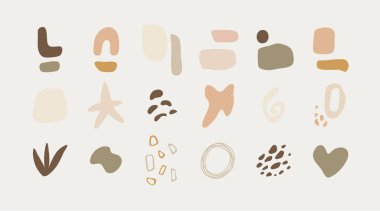 Çeşitli soyut biçimlerde elle çizilmiş karalama şekilleri koleksiyonu. Şekiller, dünyevi tonları ve organik, serbest hatlarıyla karakterize edilir. İlave elementler arasında yıldızlar, gökkuşakları, gözler ve basit desenler bulunmaktadır.