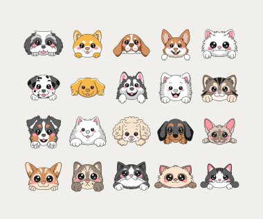 Sevimli çizgi film köpekleri ve kedi yüzleri koleksiyonu. Bu karakterler anlamlı, büyük gözler ve gülümseyen yüzlerle tasvir edilir, çeşitli cinsleri ve ayırt edici özellikleri vurgular. Tasarım Corgis, Dalm gibi çeşitli türleri içerir.
