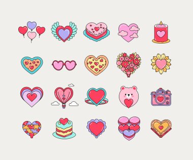 Renkli kalp temalı vektör klibi koleksiyonu. Klipte balonlar, pastalar, güneş gözlükleri, çiçekler, oyuncak ayı ve daha fazlası gibi çeşitli kalp tasarımları yer almaktadır. Tasarım elementleri benzersiz ve