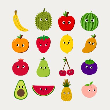 Yüzü olan şirin meyveler. Gösterişli ve renkli düz bir şekilde resmedilmiş. Çocuk tasarımı ve eğitim materyalleri için ideal.
